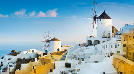 Windmills at Oia village in Santorini, Greece.