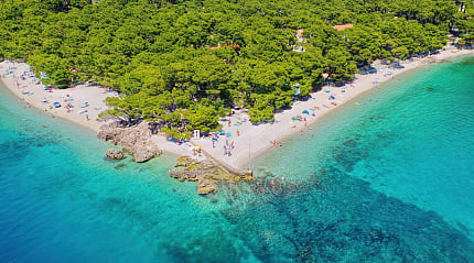 Aerial view of Punta Rata Beach in Brela, Croatia