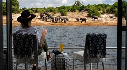 Woman sitting on the balcony of boat watching elephants on the river bank