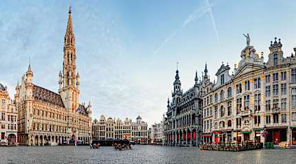 Historic guildhalls and Town Hall surrounding Grand Place square in Brussels, Belgium