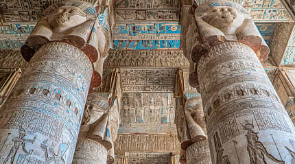 Ancient Egyptian hieroglyphs at Dendera Temple in Egypt