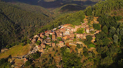 Aerial view of a historic schist village in the mountains of central Portugal
