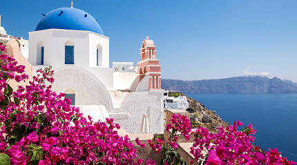 Scenic view of traditional cycladic houses with flowers in foreground in Oia village, Santorini, Greece.