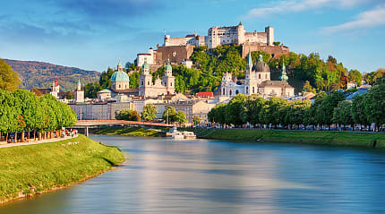 Salzach river and Fortress Hohensalzburg in Salzburg, Austria