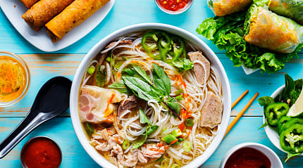 Vietnamese Pho bo with beef and spring rolls