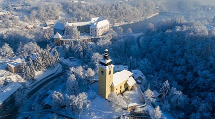 Aerial view of Ozalj Castle in the town of Ozalj, Croatia.