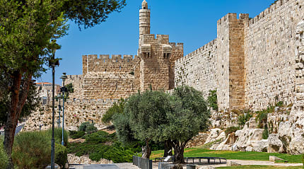 View of of alley and famous Tower of David in Jerusalem, Israel