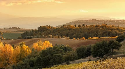 Val d'Orcia with Pienza in the distance during the end of the autumn season in Italy