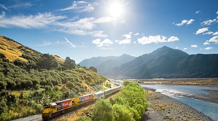 TranzAlpine along Waimakariri River in New Zealand.  Photo courtesy KiwiRail