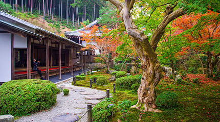 Woman at Enkoji Temple enjoying early autumn colors of the Japanese garden
