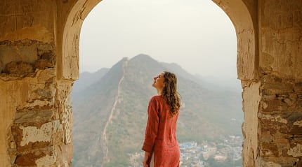 Woman standing under arch overlooking long hillside fort wall in Jaipur.