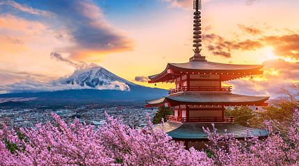 Fuji mountain and Chureito Pagoda with cherry blossoms at sunset, Japan