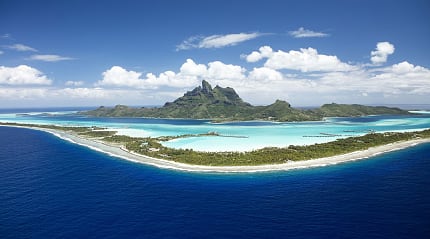 Aerial view of Bora Bora. Photo courtesy of Grégoire Le Bacon / Tahiti Nui Helicopters