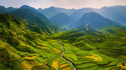 Rice terraces in mountainous countryside of Mu Cang Chai in the Yen Bai Province of Vietnam