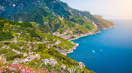 View of the Amalfi Coast from Villa Rufalo gardens in Ravello, Italy