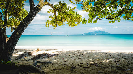 The turquoise waters of Beau Vallon Beach in Mahé, Seychelles.