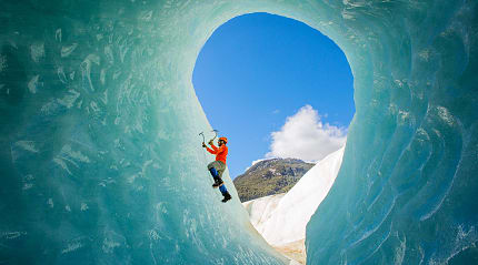 Ice climber inside glacier in Patagonia, Chile.