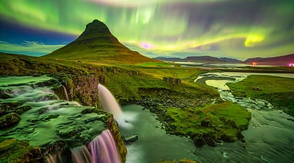 Northern lights over Mount Kirkjufell in Iceland