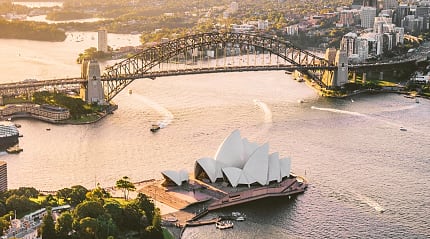 An aerial view of the Sydney Opera House, showcasing its iconic design against the harbor.