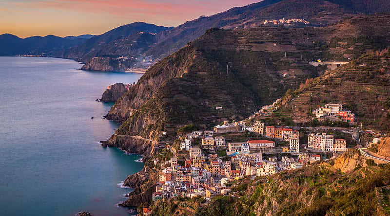 Cinque Terre, Italy Riomaggiore and the coastline of the Cinque Terre, Italy