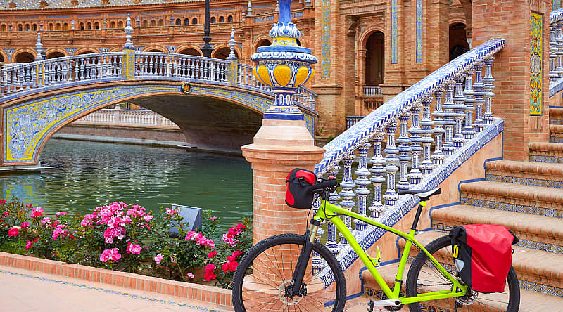 Plaza de España in Seville, Spain Touring bicycle parked at Plaza de España in Seville, Spain