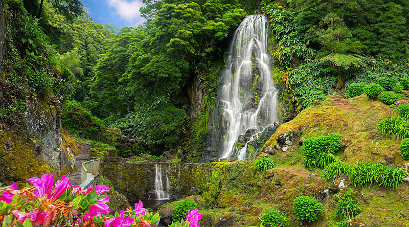 Sao Miguel Island in the Azores, Portugal Veu da Noiva Waterfall on Sao Miguel Island in the Azores, Portugal