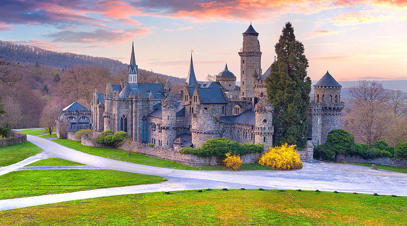 Colorful spring sunset in the Wilhelmshohe Castle, Hessen, Kassel Colorful spring sunset in the Wilhelmshohe Castle, Hessen, Kassel
