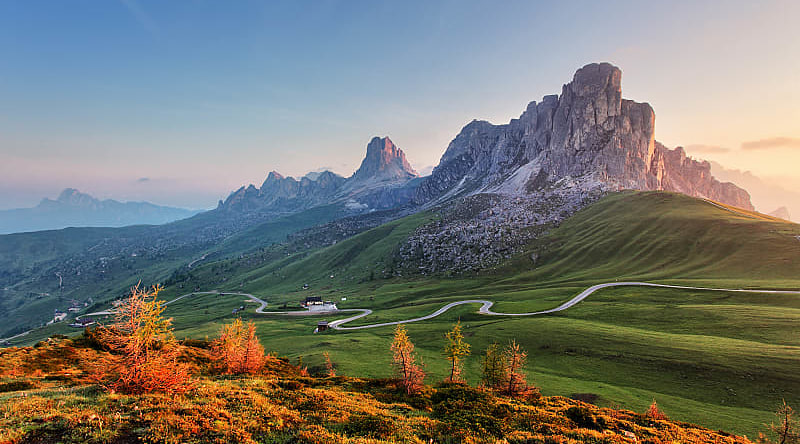 A road winding through the Dolomites.