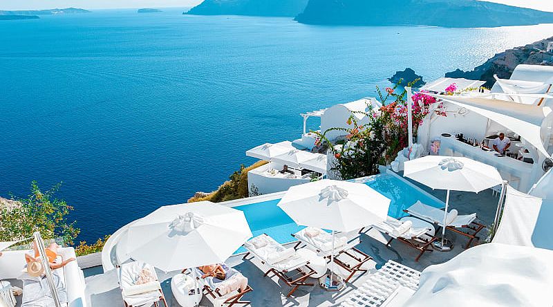 Terraces in luxury hotel in Santorini Island Terraces in luxury hotel in Santorini Island