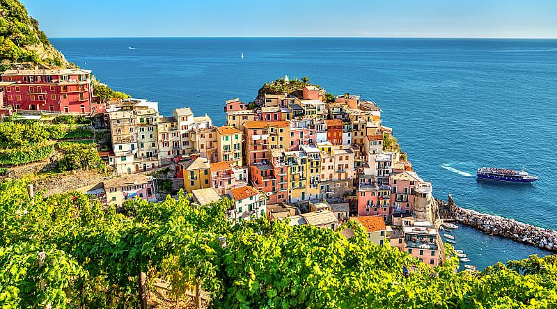 Terraced vineyards above Manarola in the Cinque Terre, Italy