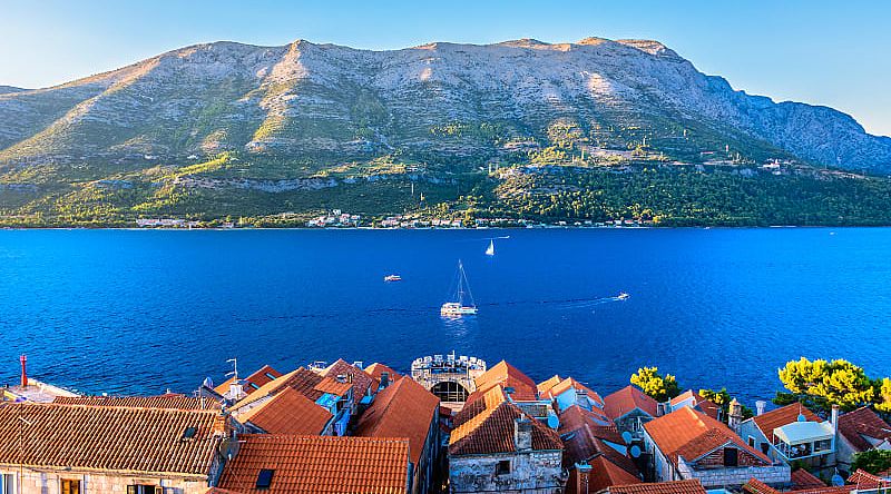 Korcula town and Peljeski Channel in Dalmatia region, Croatia