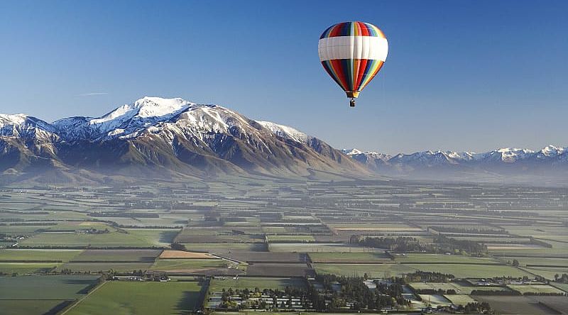 Hot air balloon over Christchurch landscapes in New Zealand Hot air balloon over Christchurch landscapes in New Zealand