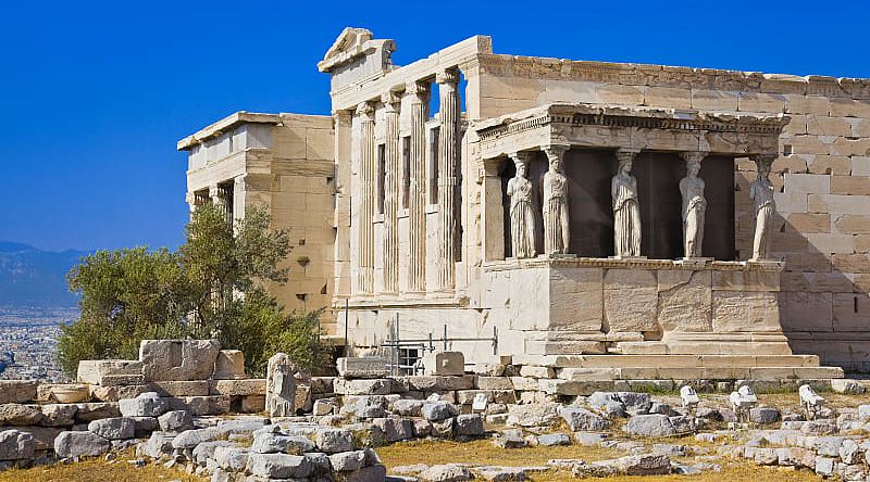 The ruins of the Erechtheum Temple in Athens, Greece