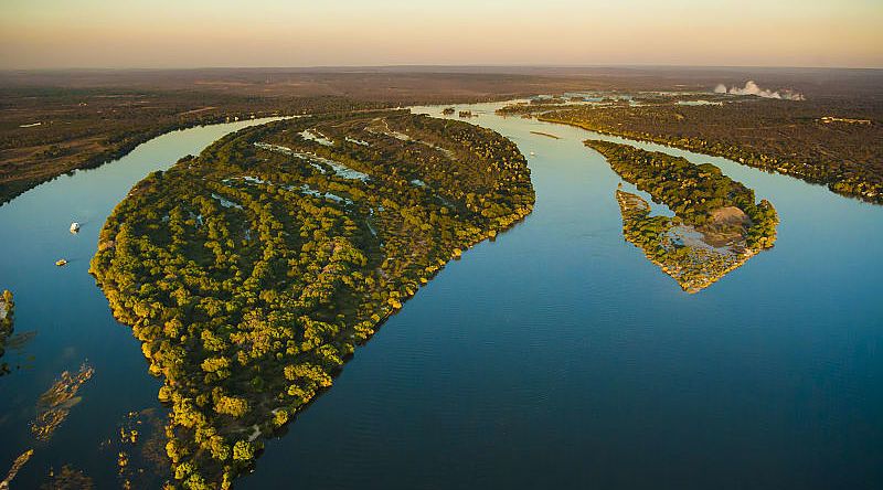 Zambezi River and Victoria Falls from the air in Zambia