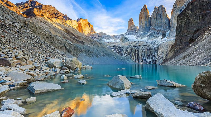 Thee Towers, Torres del Paine National Park, Chile Patagonia's Three Towers and glacial lake in Torres del Paine, National Park, Chile