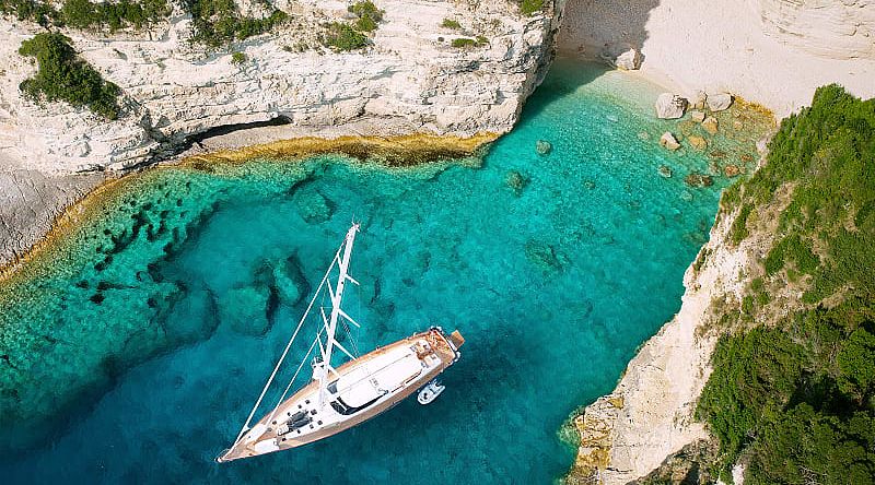 Yacht in a private cove in the Greek Islands.