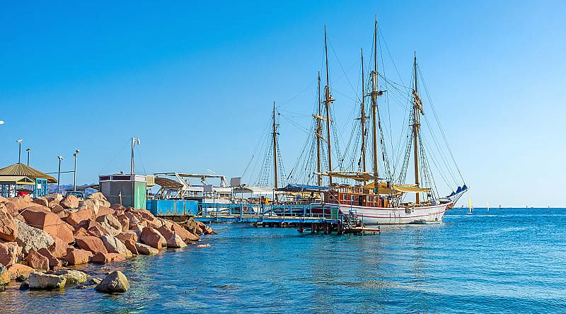 Wooden sailing ship on the coast of Eilat, Israel