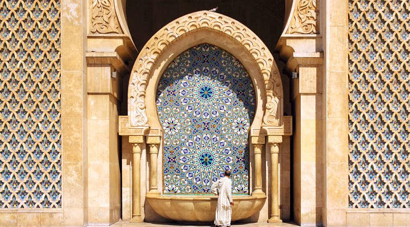 Fountain at Hassan II Mosque in Casablanca, Morocco Fountain at Hassan II Mosque in Casablanca, Morocco