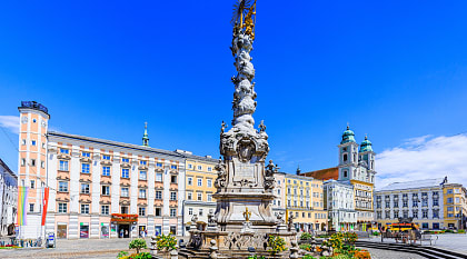 Holy Trinity Column in Hauptplaz main square in Linz, Austria.