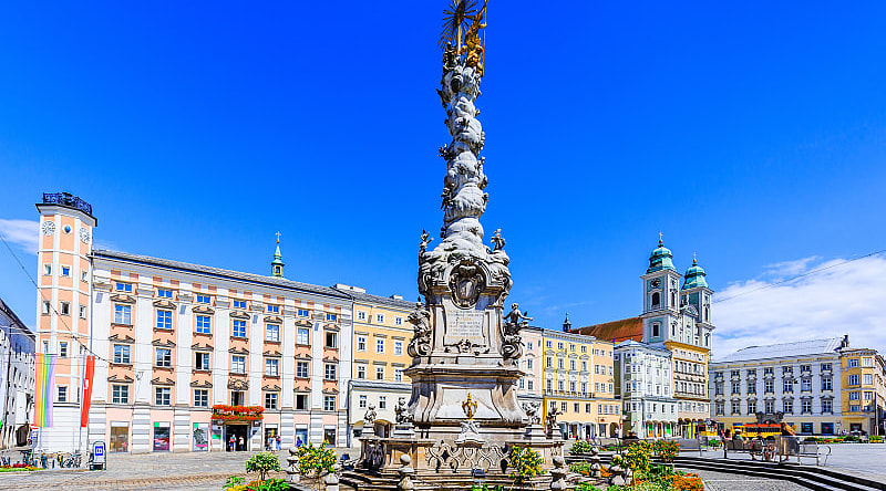 Holy Trinity Column in Hauptplaz main square in Linz, Austria. Holy Trinity Column in Hauptplaz main square in Linz, Austria.