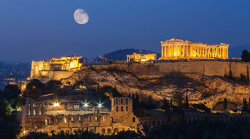 View of Acropolis at night in Athens, Greece View of Acropolis at night in Athens, Greece