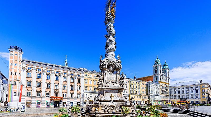 Holy Trinity Column in Hauptplaz main square in Linz, Austria.