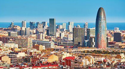 Skyline Barcelona, Spain with the  Mediterranean Sea in the background