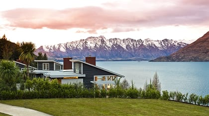 Matakauri Lodge on the shores of Lake Wakatipu with views of the Remarkables mountains in Queenstown, New Zealand