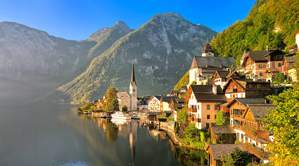 Wooden houses in Hallstatt village on an alpine lake in Salzkammergut, Austria