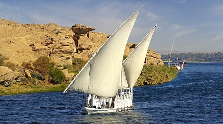Dahabiya on the Nile River in Egypt Sailing on the Nile in traditional Dahabiya