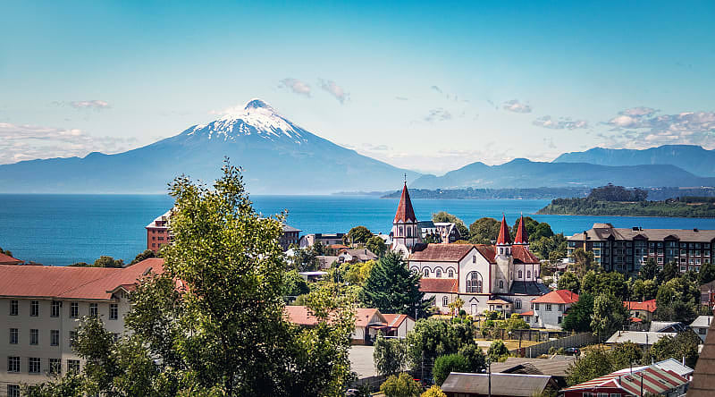 Puerto Varas, Chile Puerto Varas with Sacred Heart church and Osorno Volcano in Chile