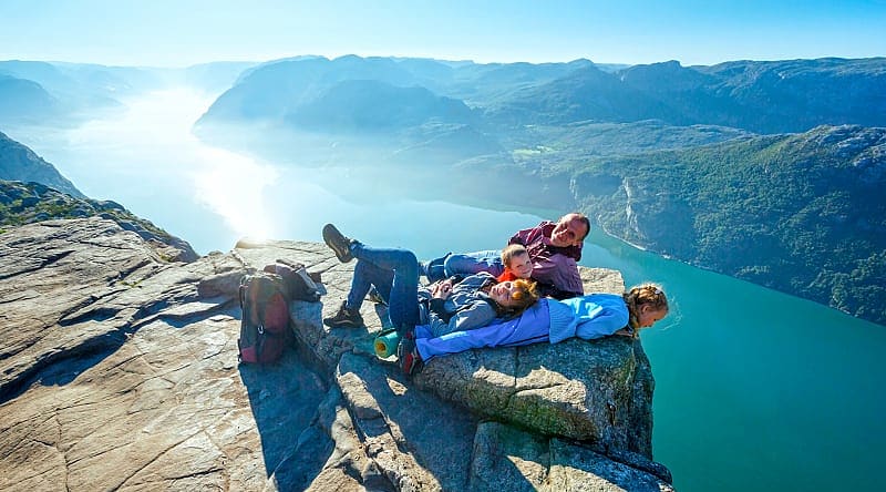 Preikestolen, Norway Family at Preikestolen, also known as Pulpit Rock, in Norway