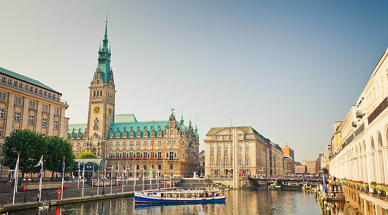 Beautiful view of Hamburg city center with town hall and Alster river Beautiful view of Hamburg city center with town hall and Alster river