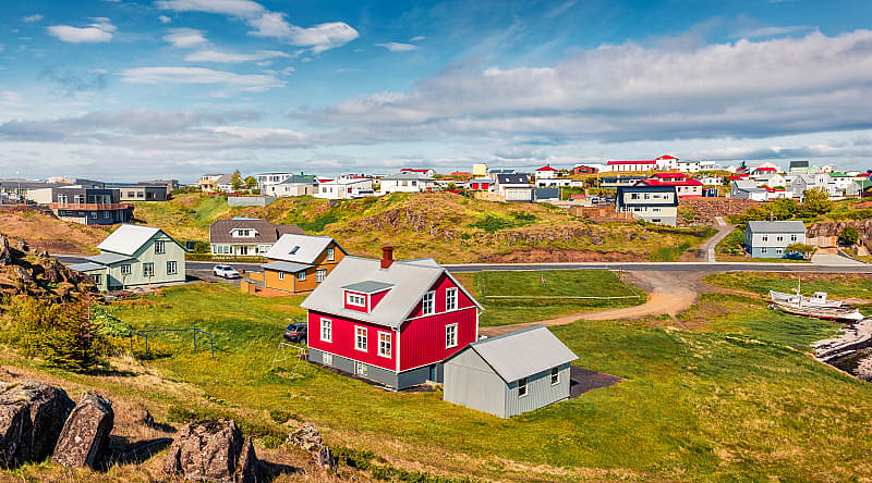 Sunny summer cityscape of small fishing town, Stykkisholmur in Iceland Sunny summer cityscape of small fishing town, Stykkisholmur in Iceland